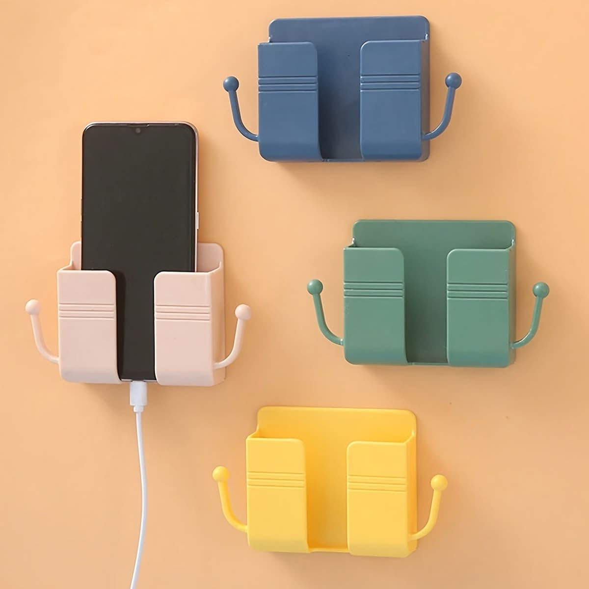 Wall-Mounted Phone Charging Holder with Dual Hooks | Self-Adhesive Mobile Storage Organizer
