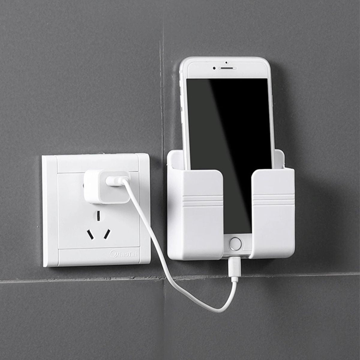 Wall-Mounted Phone Charging Holder with Dual Hooks | Self-Adhesive Mobile Storage Organizer