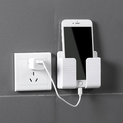 Wall-Mounted Phone Charging Holder with Dual Hooks | Self-Adhesive Mobile Storage Organizer