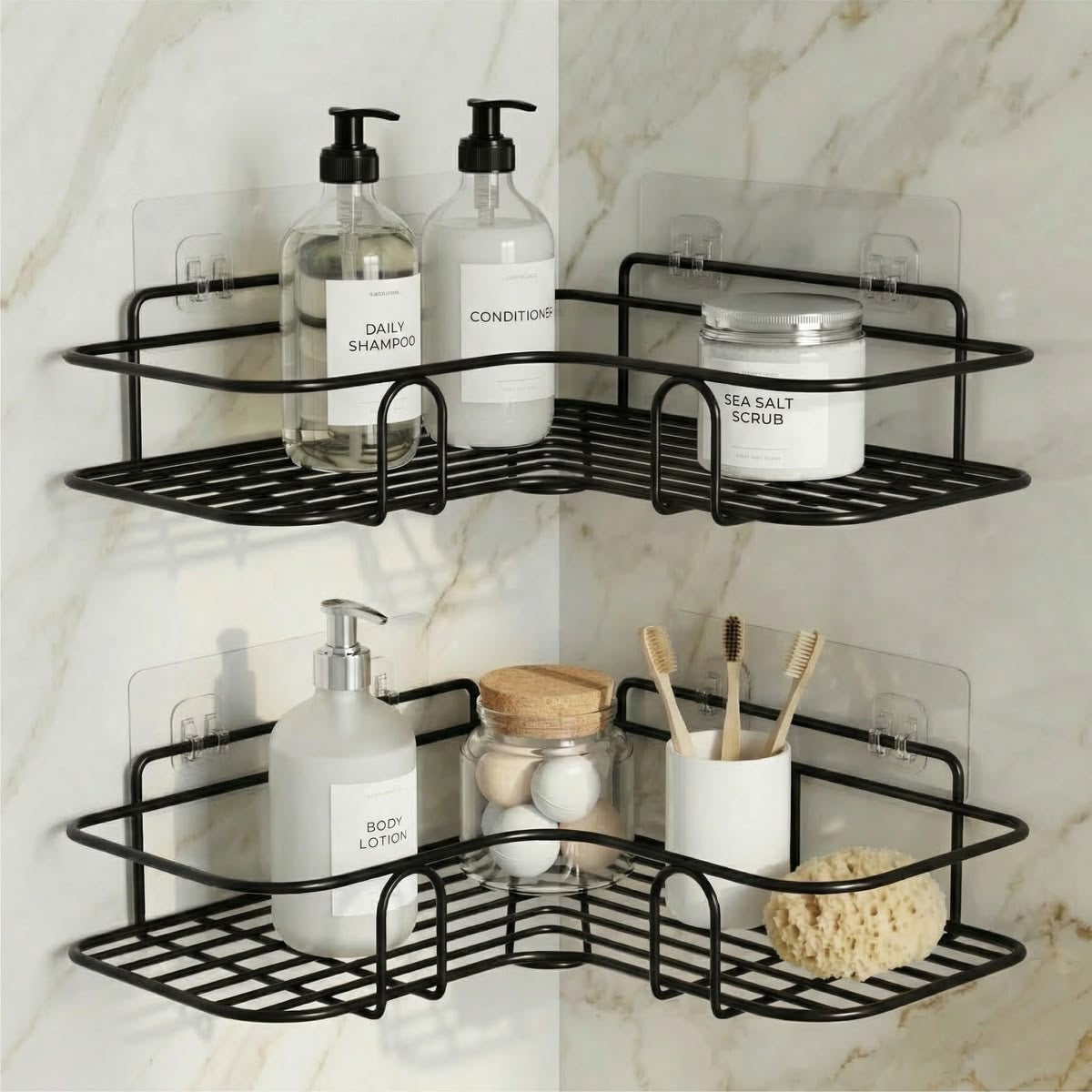 2-Tier Corner Shower Caddy – No-Drill Adhesive Bathroom Organizer