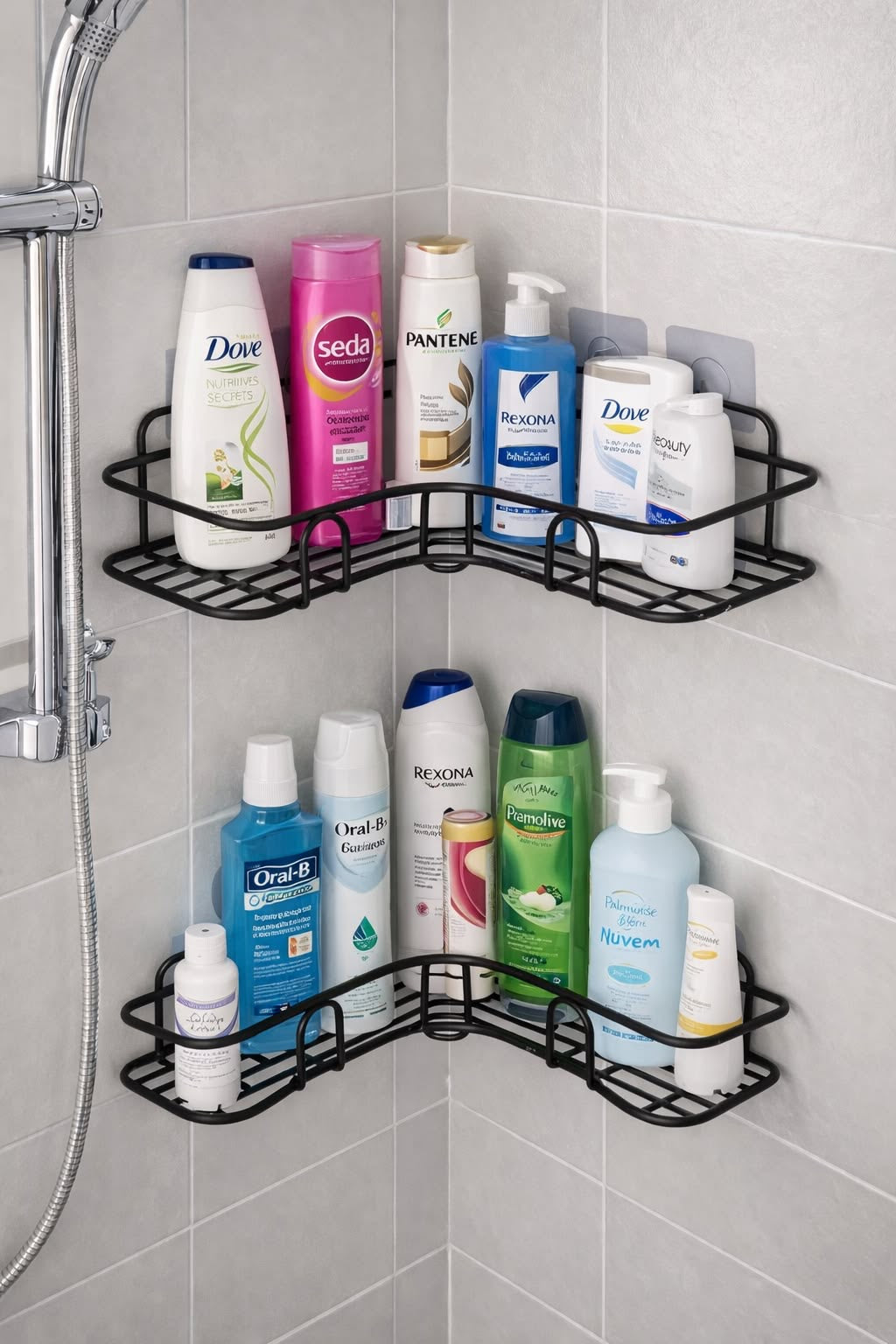 2-Tier Corner Shower Caddy – No-Drill Adhesive Bathroom Organizer