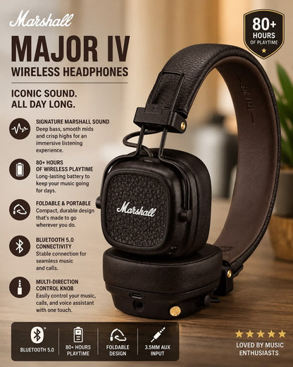 Marshall Major IV Wireless Bluetooth Headphones – 80+ Hours Playtime