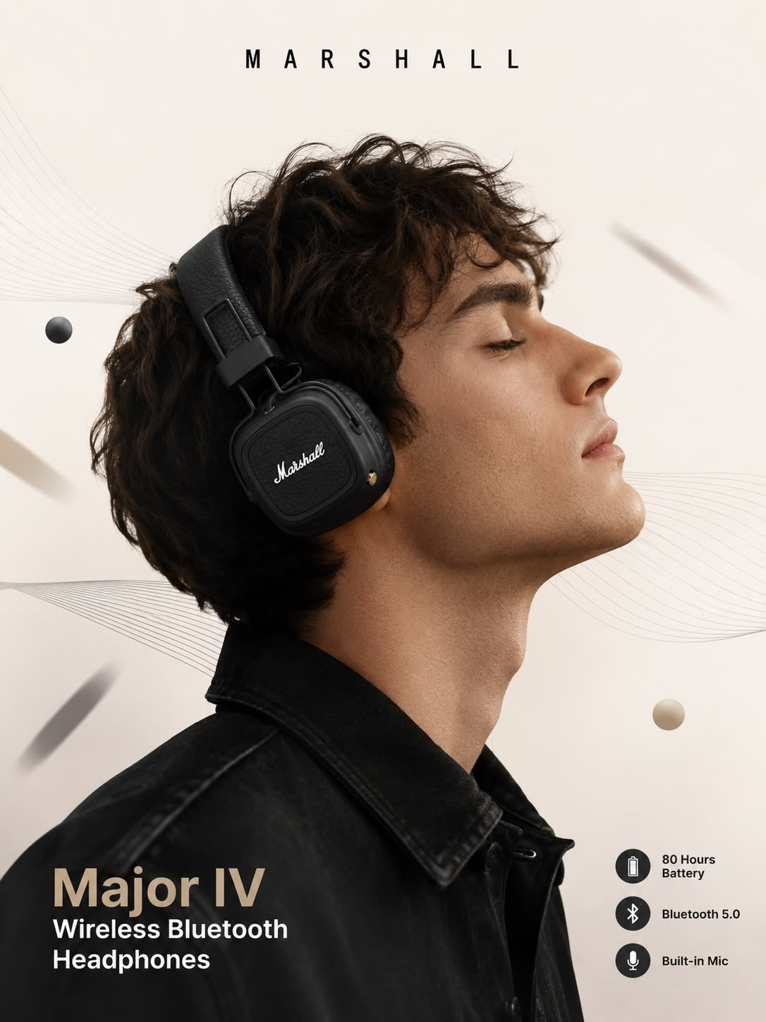 Marshall Major IV Wireless Bluetooth Headphones – 80+ Hours Playtime
