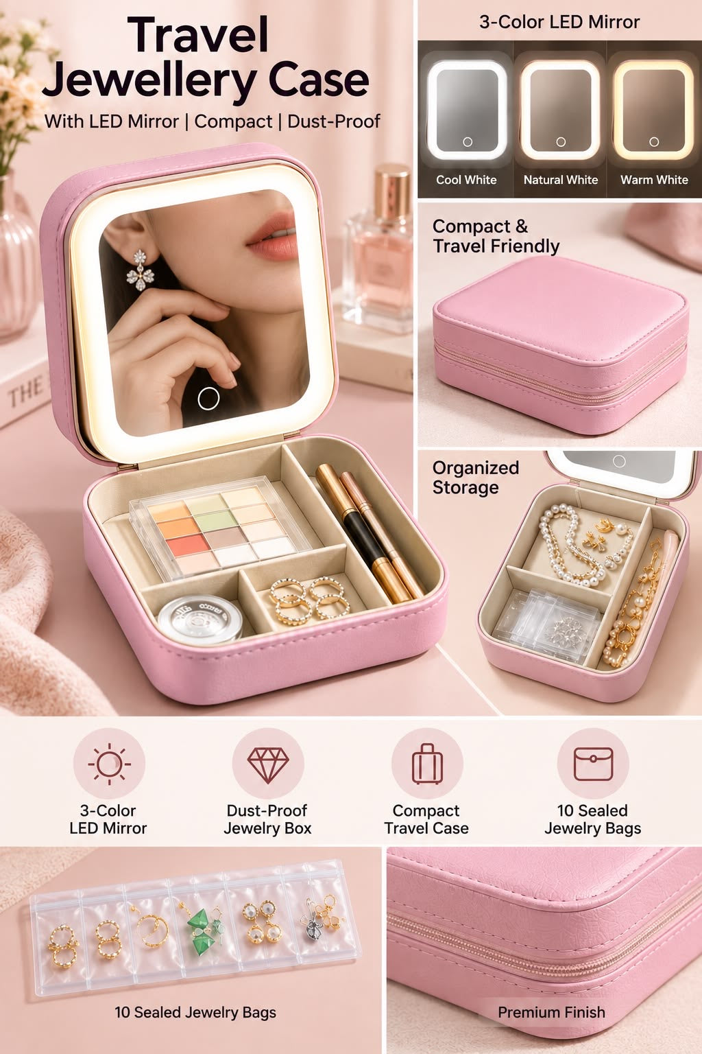 LED Lighted Travel Makeup Bag with Mirror – Rechargeable Cosmetic Organizer